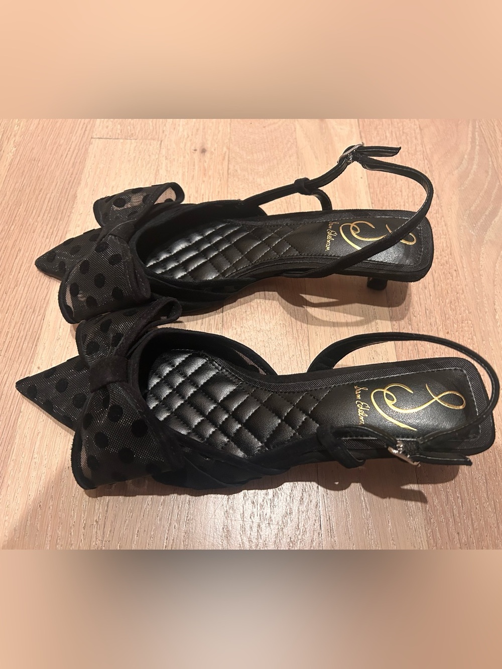 Sam Edelman Black Quilted Slingback Heels with Bow Detail
